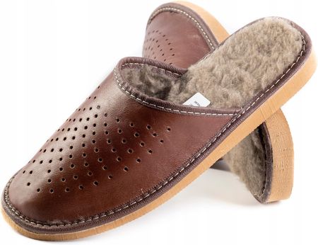 Kapcie Męskie Skórzane Ocieplane Pantofle Tanie brąz r.40-45