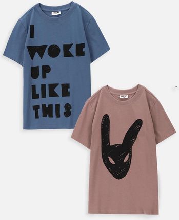 T-shirt z krótkim rękawem 2 pack beżowy z królikiem i niebieski z napisem