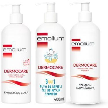 EMOLIUM DERMOCARE Emulsja do ciała, 400 ml + Emolium Dermocare Szampon nawilżający, 400 ml + EMOLIUM DERMOCARE 3w1 Płyn do kąpieli, żel do mycia, szam