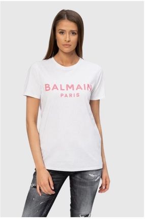 BALMAIN Biały t-shirt damski z różowym logo