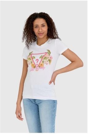 GUESS Biały t-shirt damski z logo z kwiatami i dżetami slim fit