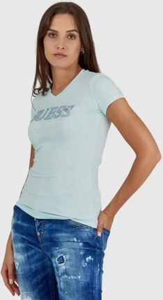 GUESS Błękitny t-shirt damski z metalicznym logo i cyrkoniami