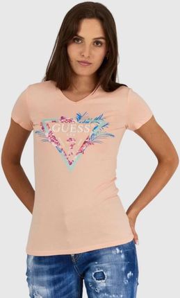 GUESS Brzoskwiniowy t-shirt damski z logo z liśćmi i cyrkoniami