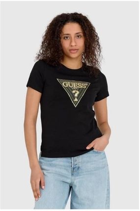 GUESS Czarny t-shirt damski ze złotym haftowanym cyrkoniami logotypem slim fit
