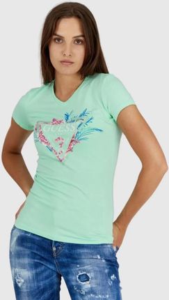 GUESS Jasnozielony t-shirt damski z logo z liśćmi i cyrkoniami