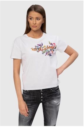MOSCHINO Biały t-shirt z logo i kwiatami