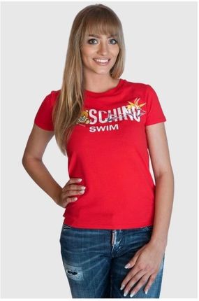 MOSCHINO T-shirt damski czerwony z nadrukiem logo i misia