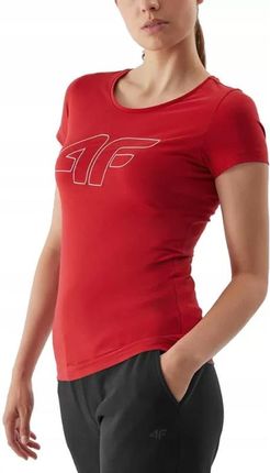 4F Koszulka damska gładka t-shirt bawełna regular czerwona duże logo L