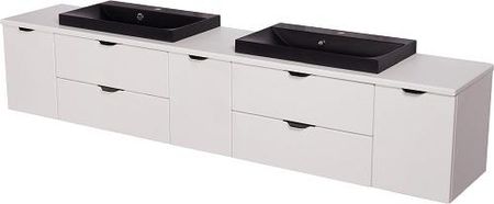 Biała matowa szafka łazienkowa z dwiema czarnymi umywalkami 210 cm Liv Victa