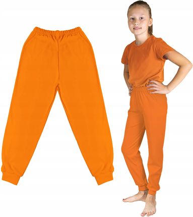Pomarańczowe Kolorowe Spodnie Dresowe Gładkie Bawełniane Sportowe 140 CM