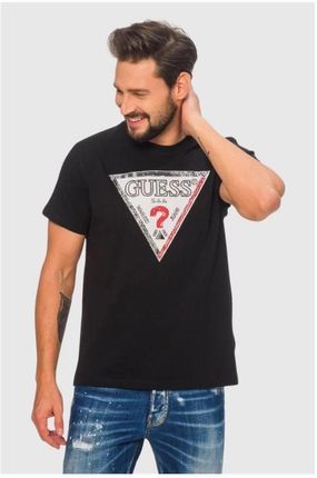 GUESS Czarny t-shirt męski z dużym trójkątnym logo