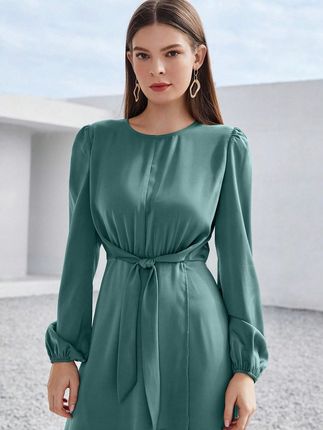Długi Rękaw Wiązanie Oll NF9__M Shein Zielona Satynowa Sukienka