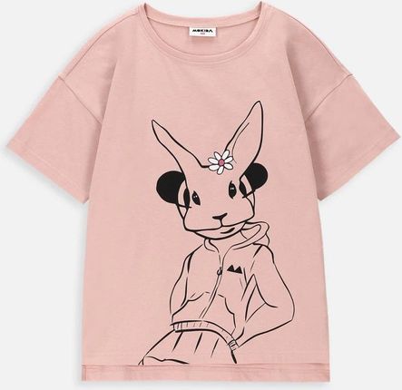 T-shirt z krótkim rękawem pudrowy róż z pandą w masce królika