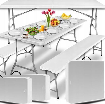 Stół Ogrodowy Rozkładany Cateringowy Plastikowy + 2 Ławki Składany Biały