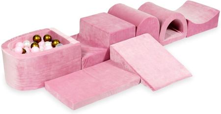 Mimii Największy Piankowy Plac Zabaw Z Basenem Micro Velvet Soft Różowy + 100 Piłek Stare Złoto Jasny Róż Perła Przezroczyste