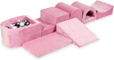 Mimii Największy Piankowy Plac Zabaw Z Basenem Micro Velvet Soft Różowy + 100 Piłek Perła Srebrne Pudrowy Róż