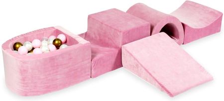 Mimii Piankowy Plac Zabaw Z Mostkiem I Basenem Micro Velvet Soft Różowy + 100 Piłek Stare Złoto Jasny Róż Perła Przezroczyste