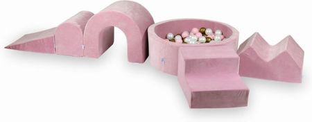 Mimii Piankowy Plac Zabaw Z Basenem Okrągłym 90X30 Velvet Soft Różowy + 5 Elementów 200 Piłek Perłowe Jasnoróżowe Stare Złoto