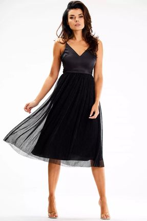 Elegancka sukienka w stylu midi z błyszczącym dołem (Czarny, S)