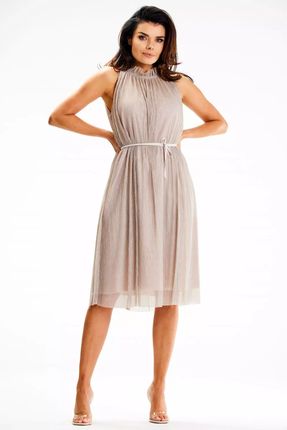 Lekka sukienka midi z błyszczącym tiulem (Beżowy, XL)