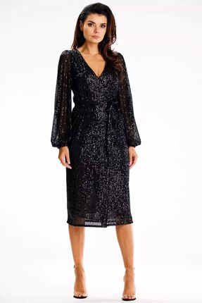 Cekinowa sukienka midi z kopertowym dekoltem (Czarny, L)