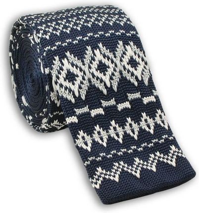 Dziergany Krawat Męski Knit w Białe Wzory, Romby - 5,5 cm - Alties, Granatowy KRALTS0077