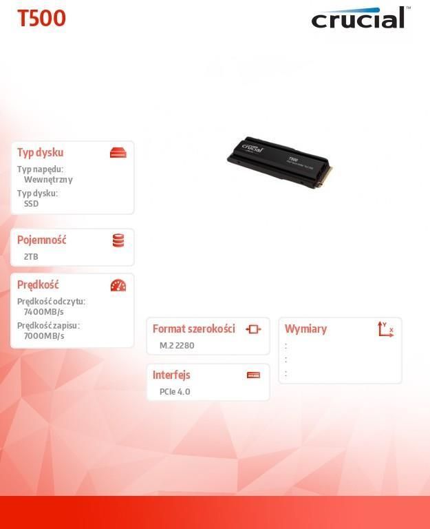 Dysk SSD Crucial 2TB M.2 PCIe Gen4 NVMe T500 (CT2000T500SSD8