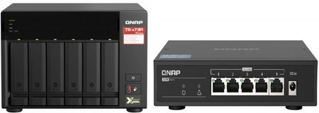 Serwer plików QNAP TS-673A-SW5T 6-Bay NAS, AMD Ryzen Embedded V1500B 2,2 GHz, 8GB RAM, 2x 2,5 GbE LAN, 4x USB 3.2, 2x M.2 2280, 2x PCIe + QSW-1105-5T