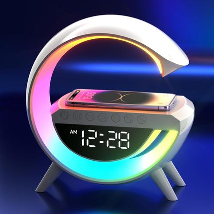 Lampka LED ładowarka indukcyjna QI głośnik RGB radio zegar kolory bluetooth