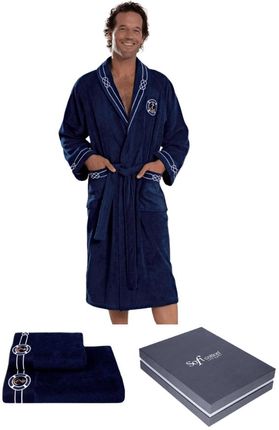 Męski szlafrok MARINE MAN w ozdobnym opakowaniu + ręcznik + ręcznik kąpielowy Ciemnoniebieski XXL + ręczniki + pudełko
