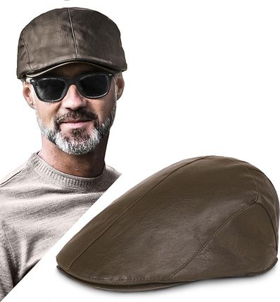 Kaszkiet męski skórzany Premium ocieplany zimowy brązowy Pako Jeans