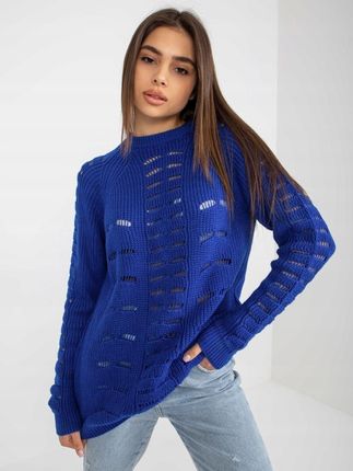 Sweter luźny, ażurowy kobaltowy z wełną one size