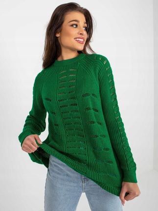 Sweter luźny, ażurowy zielony z wełną one size
