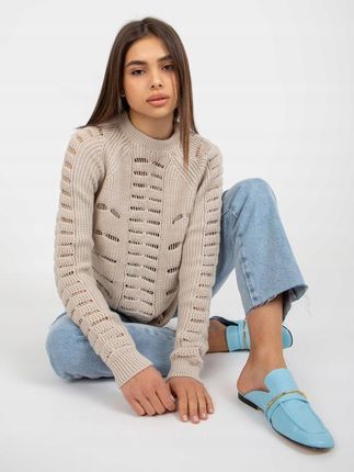 Sweter luźny, ażurowy beżowy z wełną one size