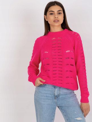 Sweter luźny, ażurowy fluo różowy z wełną one size