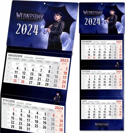 Kalendarz Ścienny Trójdzielny Na Nowy Rok 2024 Wednesday Prezent Y3