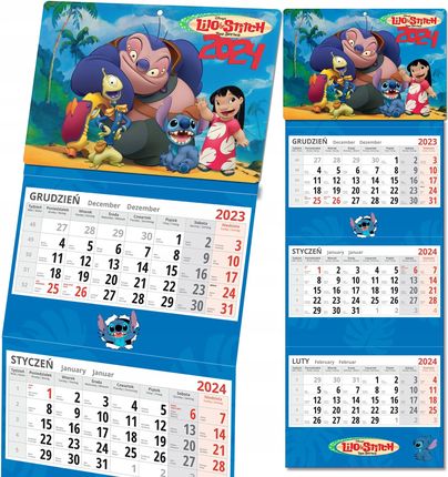 Kalendarz Ścienny Trójdzielny Nowy Rok 2024 Lilo I Stitch Prezent Y3