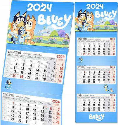 Kalendarz Ścienny Trójdzielny Na Nowy Rok 2024 Bluey Prezent Y3