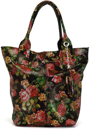 Duża skórzana damska Shopperbag na ramię w kwiaty