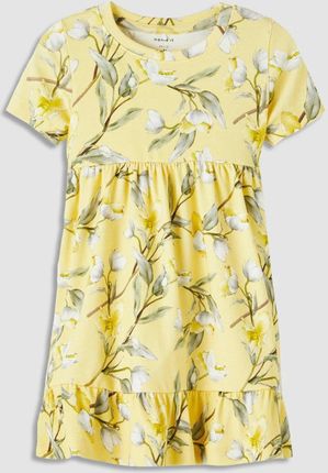 Sukienka dzianinowa z krótkim rękawem żółta z kwiatowym printem