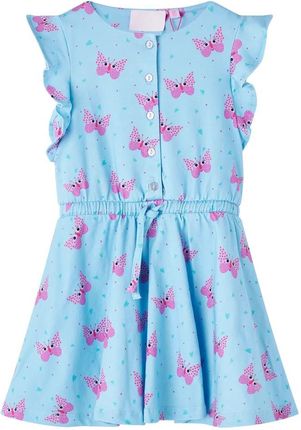 Sukienka dziecięca na guziki, bez rękawów, w motyle, niebieska, 104