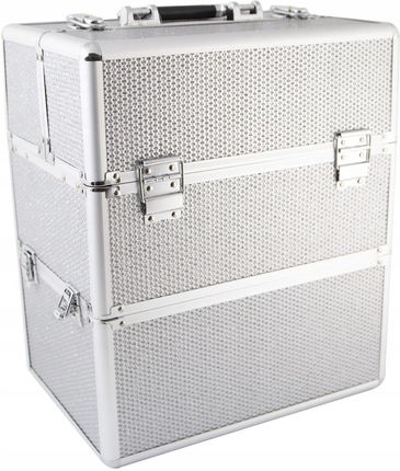 Duży kuferek kosmetyczny kratka XXL - srebrny z cyrkoniami
