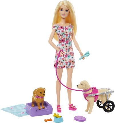 Barbie Lalka i piesek na wózku HTK37