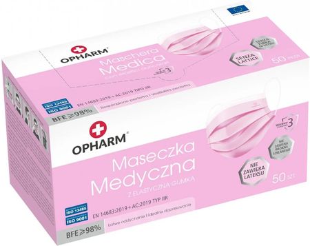 Opharm Opharm, Maska Medyczna, Jednorazowa, 3-Warstwowa, Typ Iir, Różowa, 50szt.