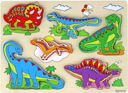 Leantoys Drewniane Puzzle 3D Dla Dzieci Gra Logiczna Układanka Dinozaury 11 El.