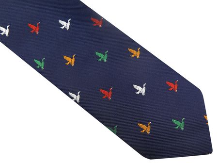 Granatowy krawat w kolorowe kaczki, ptaki D82