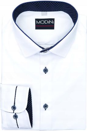 Biała koszula męska z granatowymi kontrastami w kropki Y01