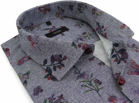 Szara koszula w unikatowy wzór - kwiaty, motyle D035