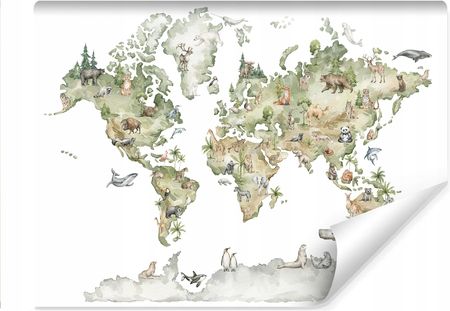 Muralo Fototapeta Dla Dzieci Mapa Świata Zwierzęta Akwarela Kontynenty 315X210