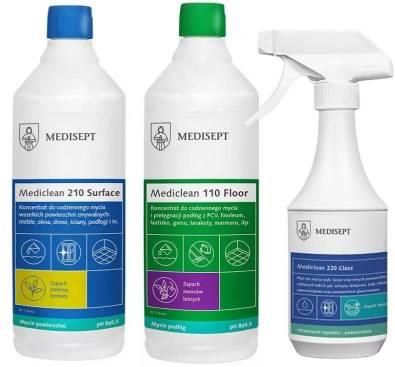 Zestaw produktów Medisept - Mediclean 210 Surface, 110 Floor, 220 Glass - Higiena gabinetu